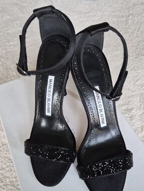 Manolo Blahnik Black Crystal-Embellished Ankle-Strap Sandals